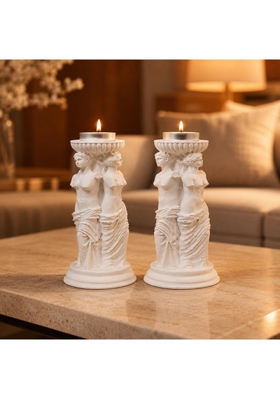 Yunan Üç Güzeller Tealight Mumluk Seti 2 Li, 16 Cm Taş Tozu Beyaz Heykel Mumluk, Antik Mitoloji Ev Dekoru