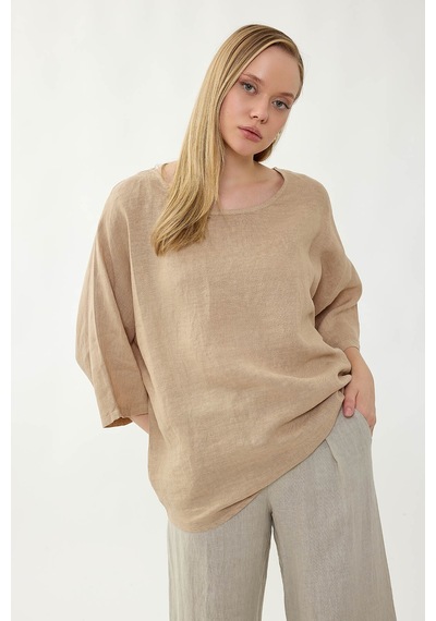 Vitrin %100 Keten Geniş Yaka Oversize Kısa Kol Bluz Bej