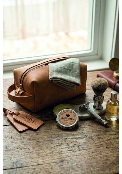 Hakiki Deri El Yapımı Erkek Bakım Çantası - Vintage Dopp Kit - Büyük Boy Sarı