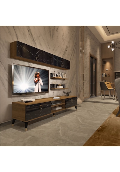 Decoraktiv Eko 5 Mdf Dvd Gold Tv Ünitesi Tv Sehpası Pera - Siyah Mermer