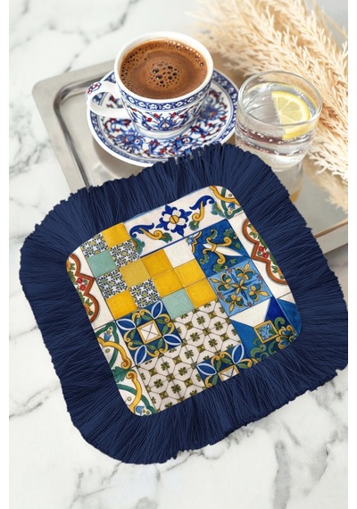 Akdeniz Patchwork Püsküllü Sunum Peçetesi - İtalyan Mozaik Bohem Lacivert Bardak Altlığı Mendil Çok Renkli