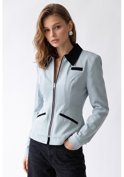 Mixray 2226 Kadın Astarlı Fileto Cepli Çift Fermuar Slim Fit Ceket Buz Mavisi