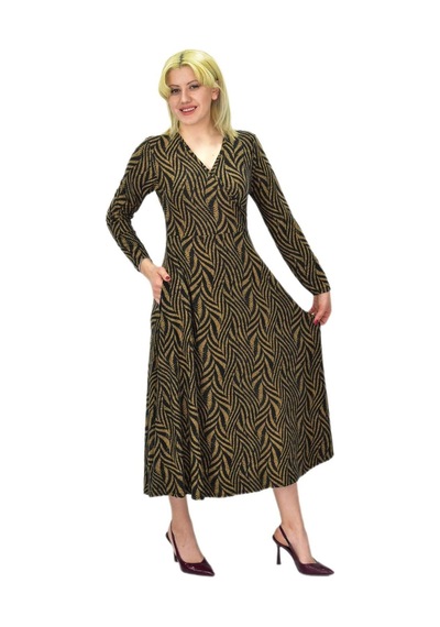 Kadın Viskon Zebra Desenli V Yaka Elbise Bgl-st03535 001