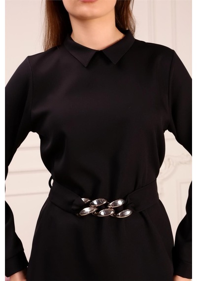 Bwest Zincir Kemerli Sade Basic Tunik Pantolon İkili Takım - 70007 - Siyah-458 Siyah