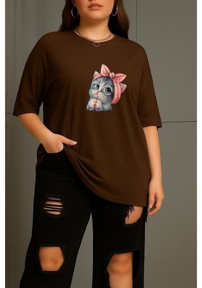 Benroma Büyük Beden Minnoş Kedi Baskılı Unisex Tişört Çok Renkli