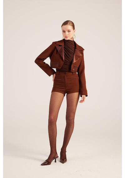 Holly Lolly Yakası Saten Detaylı Camila Crop Blazer Ceket Kahve