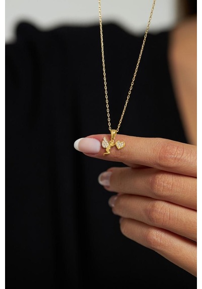 Zirkon Taşlı Gold Aşk Meleği Eros Gümüş Kolye