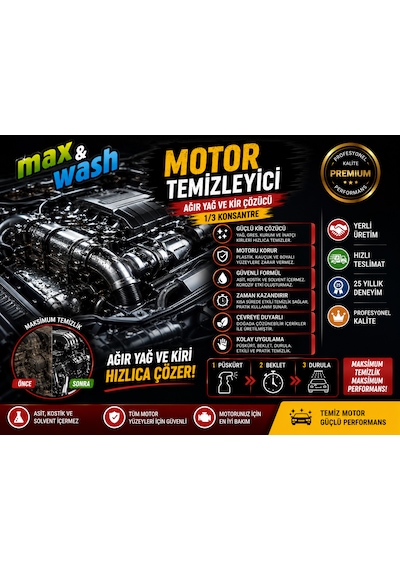 Max&wash 7'li Profesyonel Oto Bakım Seti 1 Kg Cilalı Oto Şampuan + Hızlı Cila + Lastik Parlatıcı + Torpido Süt + Motor + Jant + Genel Detay Temizleyici 6 Adet Fıs Fıs Hediyeli