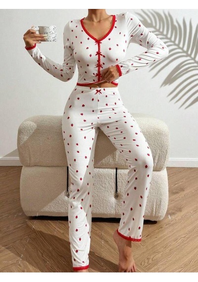 Mh Moony Homewears Liverpool Çilekli Crop Uzun Kol Üst Uzun Alt Yumuşacık Pijama Kırmızı