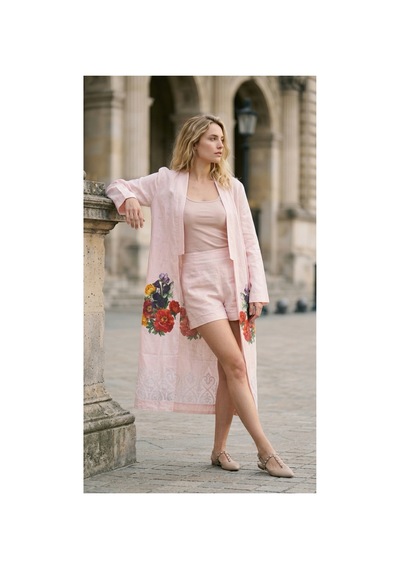 Lila Mare Keten Kumaşlı Handmade Tasarım Kimono Renkli Renkli
