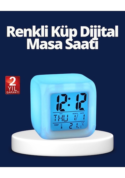 Mey İthalat Renk Değiştiren Led Alarmlı Dijital Küp Masa Saati -