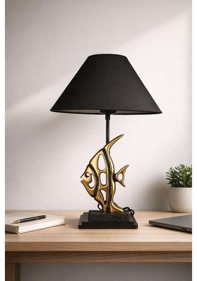 Ayrex Dekoratif Balık Figürlü Masa Lambası, Altın Tonlu, Siyah Kumaş Şapka, 47 Cm Yükseklik, Modern Sanatsal Tas Genel