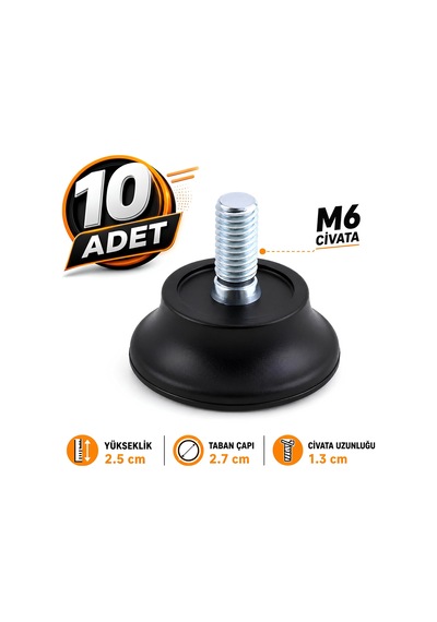 10 Adet Bingo Rotil Ayak Ayakları M6 Civatalı 6 Mm Siyah Profil Ayağı 2.5 Cm 6395751