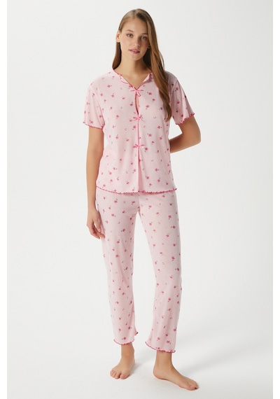 Ritnice Kadın Juliet Kurdeleli Yumuşak Doku Pembe Çiçekli Pijama Takımı