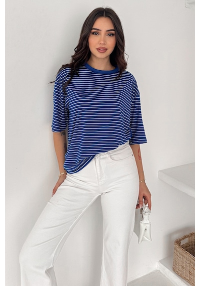 Noa & Noa Kadın Oversize Çizgili Tişört Monochrome Ease Mavi