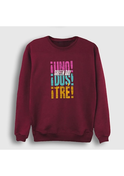 Presmono Unisex Uno Dos Tre Green Day Sweatshirt Bordo