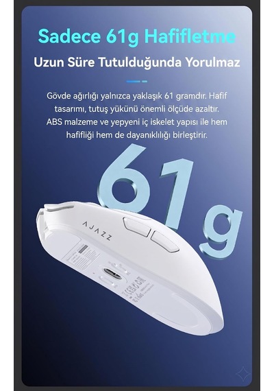 Ajazz Kablosuz Oyuncu Mouse 2.4ghz Bluetooth Kablolu 3 Modlu Bağlantı Aı Sesli Asistan Nearlink 500mah 61g Hafif 400-3200 Dpı Type-c Aj200 Nl Aı Mc - Beyaz