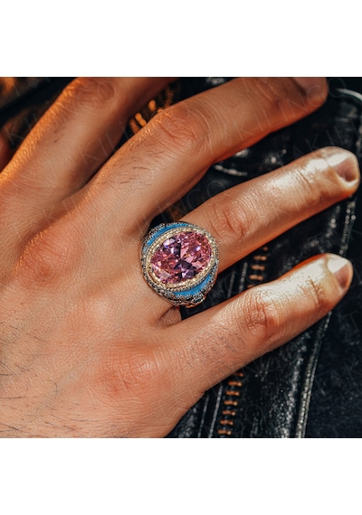 Takılingo Pembe Zirkon Taş Turkuaz Taş Detaylı Usta İşi Erkek Yüzük Gümüş