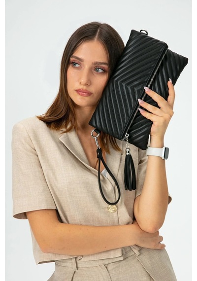 Mussen Uzun Askılı Kadın Clutch Portföy Çantası Siyah Siyah