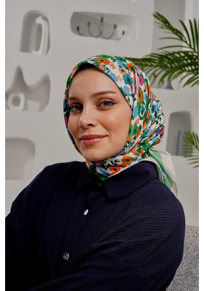 Afvente Çiçek Desen Soft Pamuk Eşarp Yeşil