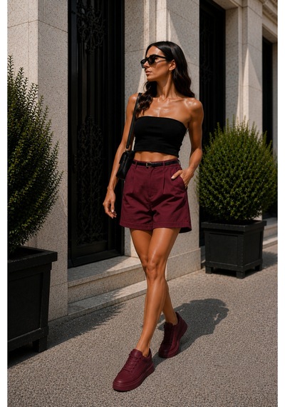 Winmoda34 Kadın Şehir Boyu Casual Şort 43 Cm Tam Boy Kemer Hediyeli Trend Model Bordo