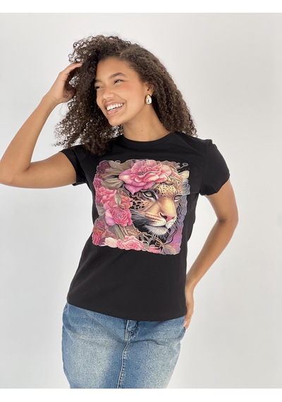 Kadın Leopar Ve Gül Desenli Siyah T-shirt Siyah