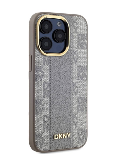Apple Uyumlu iPhone 15 Pro Kılıf Dkny Lisanslı M-safe Şarj Özellikli 3d Yazılı Checkered Pattern Kapak Krem