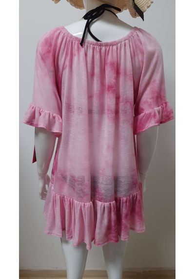 Mayomer Kadın Pembe Batik Desenli Mayo Üstü Elbise Plaj Elbisesi Pareo Pembe