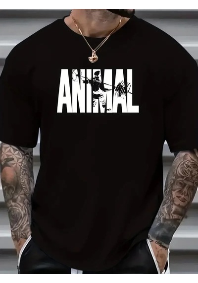 Erkek Anımal Baskılı Tişört Bisiklet Yakayazlık T-shirt - Siyah