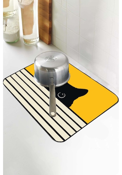 Sarı Kedi Temalı Microfiber Bulaşık Kurutma Matı Mm015