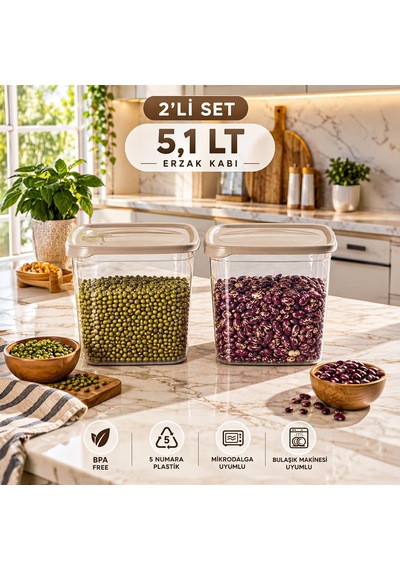 0975 2'li Kare Erzak Saklama Kabı Seti 5,1 Lt Cafe Latte - Şeffaf Bakliyat, Deterjan & Mutfak Düzenleyici Kutu Diğer