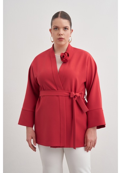 Aker Kırmızı Kumaş Broşlu Kimono Kırmızı Kırmızı