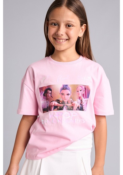 Defacto Kpop - Demon Hunters Lisanslı Oversıze Bisiklet Yaka Kısa Kollu Açık Pembe Tişört Kız Çocuk H9629a826aupn693 Pembe-pn693