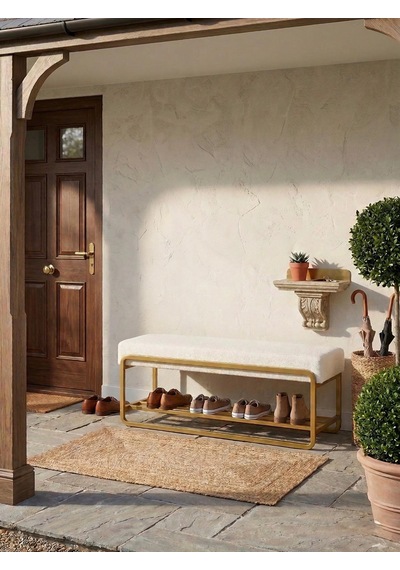 Line Modern Bench Puf Gold Metal 120 Cm - Antre, Giriş Holü, Ofis İçin Şık Dekoratif Bench Krem