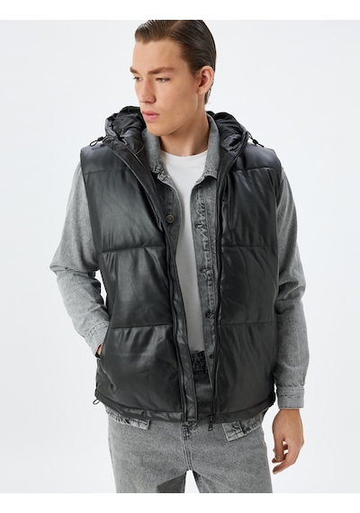 Koton Şişme Yelek Slim Fit Kapşonlu Fermuarlı Cepli Siyah 5wam20043hw