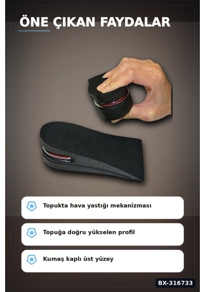 Boy Uzatıcı Ayakkabı Tabanlığı 1.5 - 5 Cm Hava Yastıklı Kadın Erkek Uyumlu 1 Çift Bx-316733 Çok renkli