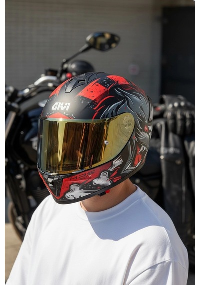 Gıvı 50.x Wıld Mat Kırmızı  1 Renkli 1 Şeffaf Vizörlü Motosiklet Kask Gold Vizör + Şeffaf