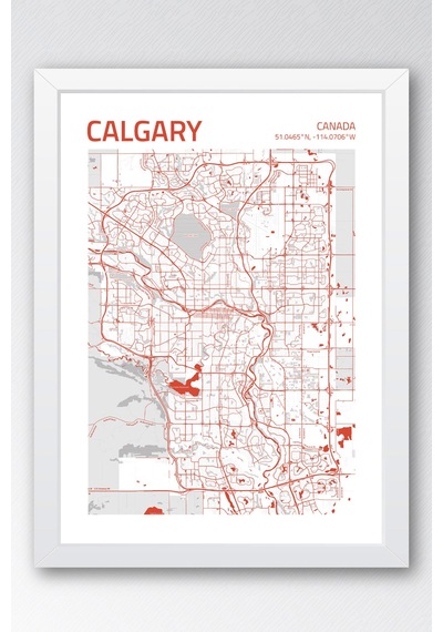 Calgary Kanada Canada Haritası Çerçeveli Tablo Lüks Salon Ofis Duvar Dekorasyonu Hediyelik Tablo Beyaz