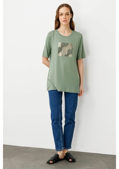 Desen Triko Kadın Sıfır Yaka Önü Taş Baskılı Penye T-shirt 25834 Haki Haki