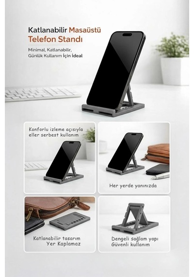 Katlanabilir Masaüstü Telefon Ve Tablet Standı Gri Renk