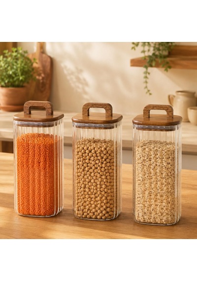 1500 Ml Kare Line Cam Kavanoz 3'lü Set, Akasya Kapaklı Şeffaf Cam Saklama Kavanozu, Ahşap Kapaklı Mutfak Düzenleyici, Bakliyat Makarna Kahve Çay Kuruyemiş Kuru Gıda Kabı Çok Renkli