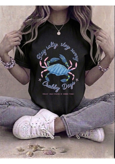 Kadın Stay Salty Yengeç Baskılı Kompakt T-shirt Siyah