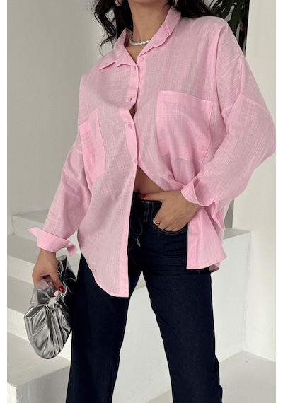 Paw Garage Kadın Harper Çift Cepli Oversize Keten Gömlek, 2025 Summer Collection Pembe