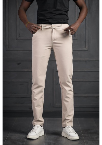 Perpant Beli Lastikli Ve İplikli Likralı Slimfit Yazlık Kumaş Jogger Pantolon Krem
