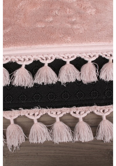 Relax Pudra 60x100 + 50x60 Cm 2'li Köşeli Ponpon Saçaklı Banyo Halısı Paspası Seti Kaymaz Tabanlı Pudra Pembe