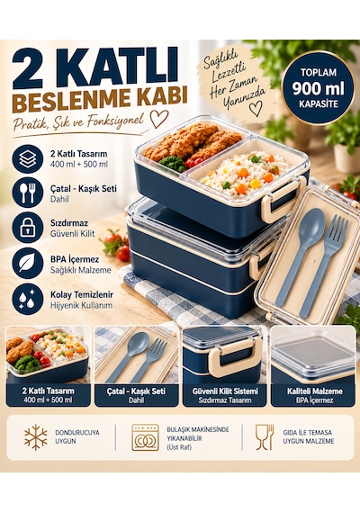 2 Katlı Bölmeli Sefer Tası / Beslenme Kabı 900ml - Kaşık Çatal Setli, Sızdırmaz Ve Bpa İçermez Lacivert