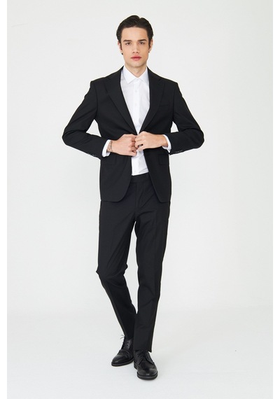 Siyah Modern Slim Fit Dokulu Kumaş Klasik Yaka Takım Elbise Siyah