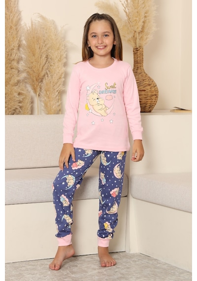 Kız Çocuk %100 Pamuk İnterlok Kumaş Pijama Takımı 6-15 Yaş 12421 Pembe