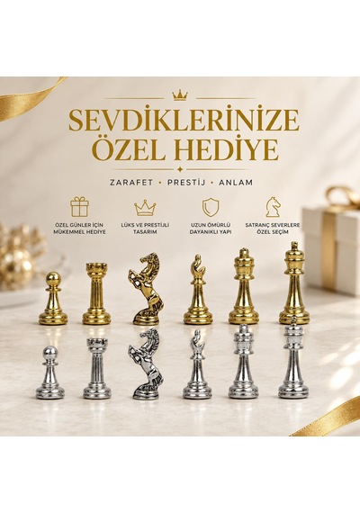 Lüks Metal Satranç Takımı Krom Figürlü 20 X 20 Cm Yeşil Mermer Desenli Dekoratif Özel Hediye Seti