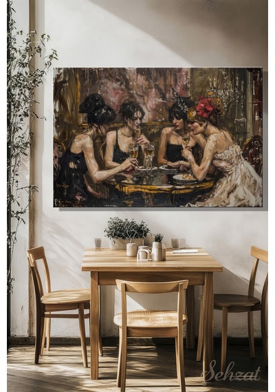 Yatay Kanvas Duvar Tablosu Tekli Salon Mutfak Ofis Soyut Kadınlar Bar Kafe Sohbet Gece Restorant Çok Renkli